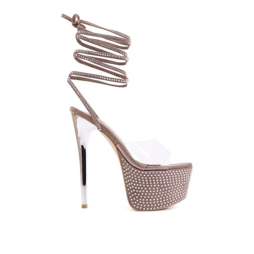 Sugar Mom Strappy Diamante Platform High Heels - Taupe Size 10